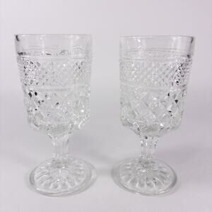 Set of 2 Vtg Anchor Hocking Stem Water Goblets Wexford Pattern Clear Glass 6.5"
